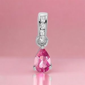 New 14K White Gold Pear Pink Tourmaline October & Diamond necklace charm Pendant